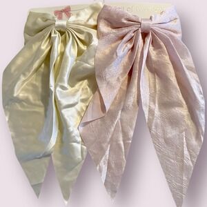 2pc Oversized Coquette Satin Hair Bow Clips Long Streamer Tails Ivory Blush Pink